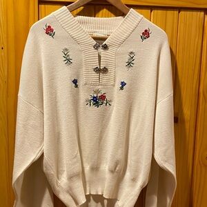 Cream Embroidered Crewneck Sweater with Decorative Clasps - Women